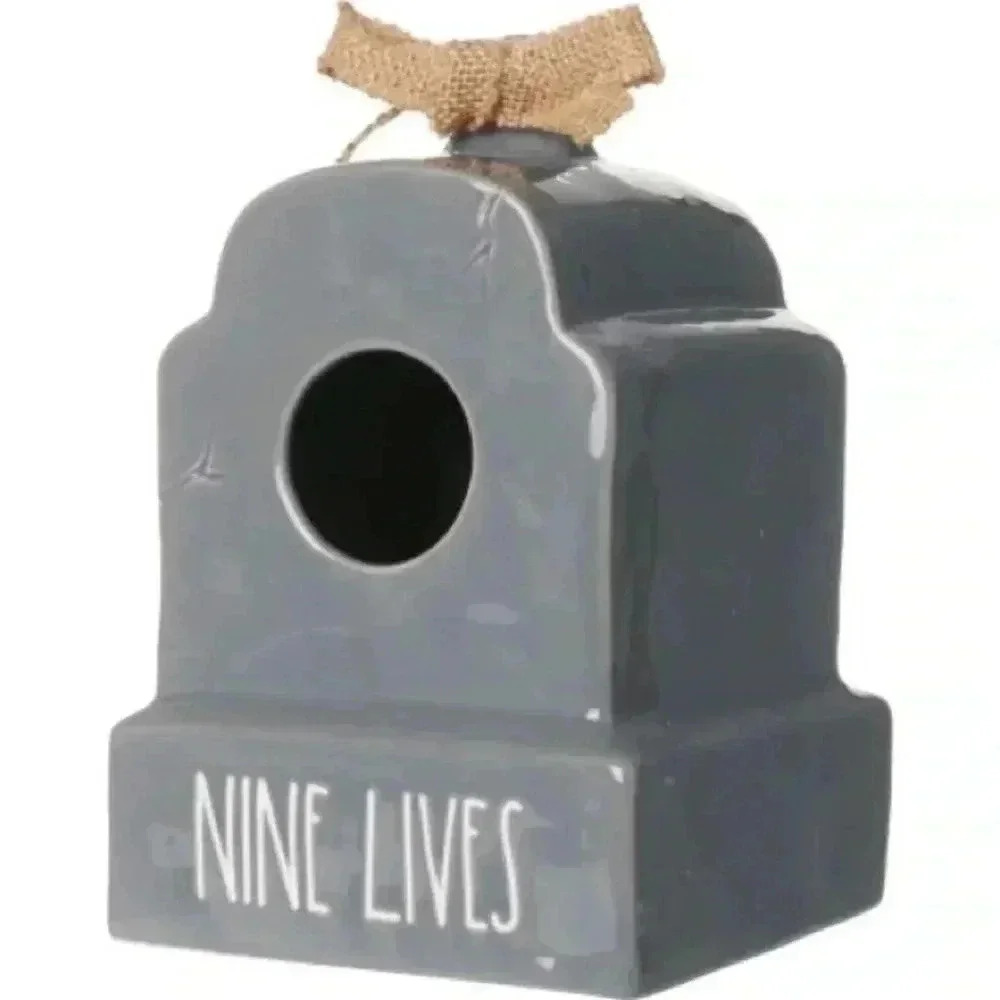NEW Rae Dunn - NINE LIVES - Tombstone Ceramic Birdhouse / Home Decor - So Fun!